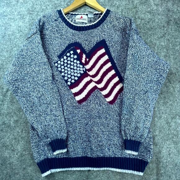 Vintage Crazy Horse Sweater Womens XL Blue Patriotic American Flag 4th of July - Picture 1 of 7